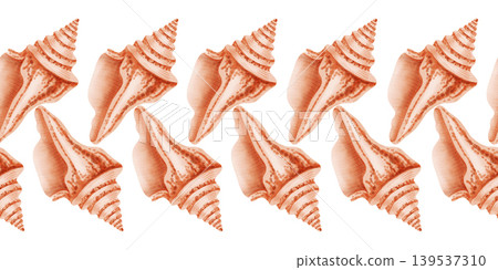 Watercolor seamless border featuring hand drawn conch seashells. Nautical repeating pattern with sea shells. Children's, nautical, travel themes. Suitable for design, prints, postcards, sea travel 139537310
