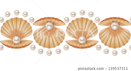 Seamless watercolor border with seashells and pearls. Hand drawn marine illustration of scallops, pearls. Children's, nautical, travel themes. Suitable for design, prints, postcards, sea travel Seamless watercolor border with seashells and pearls. Hand drawn marine illustration of scallops, pearls. Children's, nautical, travel themes. Suitable for design, prints, postcards, sea travel 139537311