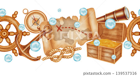 Watercolor nautical seamless border with treasure map, spyglass, ship, and anchor. Children's, nautical, travel themes. Suitable for design, prints, postcards, sea travel Watercolor nautical seamless border with treasure map, spyglass, ship, and anchor. Children's, nautical, travel themes. Suitable for design, prints, postcards, sea travel 139537316