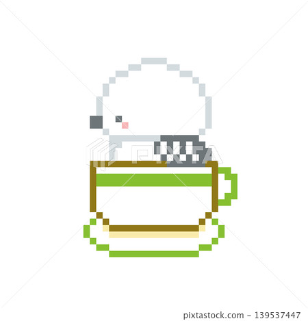 A pixel art image of a green cup and a long-tailed tit. A pixel art image of a green cup and a long-tailed tit. 139537447