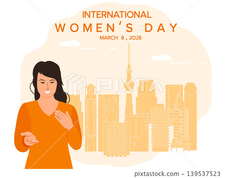 March 8 Vector illustration International Women's Day 2026 theme Give To Gain IWD pose Woman with one hand on your heart, other hand stretched out in giving gesture Gender equality Women's empowerment 139537523