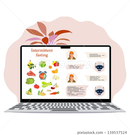 Intermittent fasting concept on laptop screen with healthy food icons and chatbot conversation 139537524