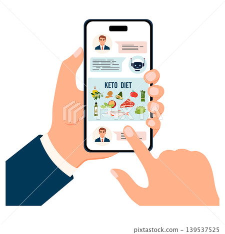 Keto diet app interface on smartphone screen with various food icons and hands interacting 139537525