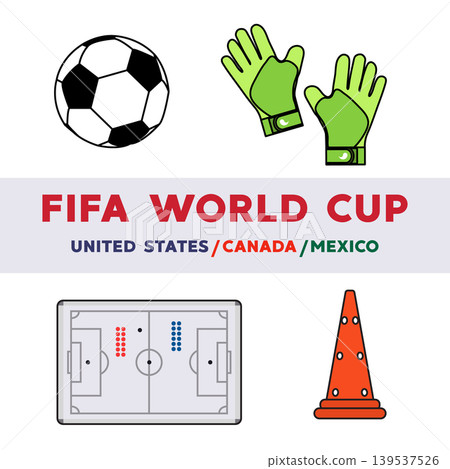 FIFA World Cup icons featuring soccer ball, gloves, field, and cone, ideal for sports themes FIFA World Cup icons featuring soccer ball, gloves, field, and cone, ideal for sports themes 139537526