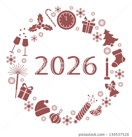 New Year 2026 circle composition with holiday icons and text on white background New Year 2026 circle composition with holiday icons and text on white background 139537528