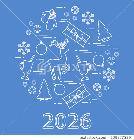 Christmas holiday greeting card with reindeer, trees, mittens, gifts, and mugs on blue background Christmas holiday greeting card with reindeer, trees, mittens, gifts, and mugs on blue background 139537529