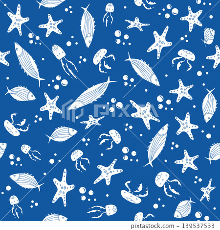 Seamless pattern with fish, starfish, and jellyfish on blue background for ocean themes 139537533