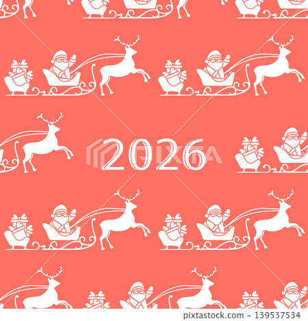 Christmas seamless pattern with white Santa sleighs and reindeer on red background with 2026 Christmas seamless pattern with white Santa sleighs and reindeer on red background with 2026 139537534