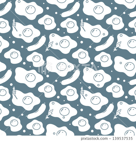 Fried egg and sausage pattern on dark blue background. Seamless, repetitive design for breakfast theme Fried egg and sausage pattern on dark blue background. Seamless, repetitive design for breakfast theme 139537535