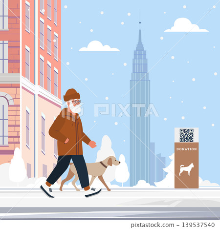 Man walking dog in winter cityscape with donation box and skyscraper in background 139537540