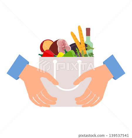 Grocery bag with fresh vegetables, bread, meat, wine, and two hands on white background 139537541
