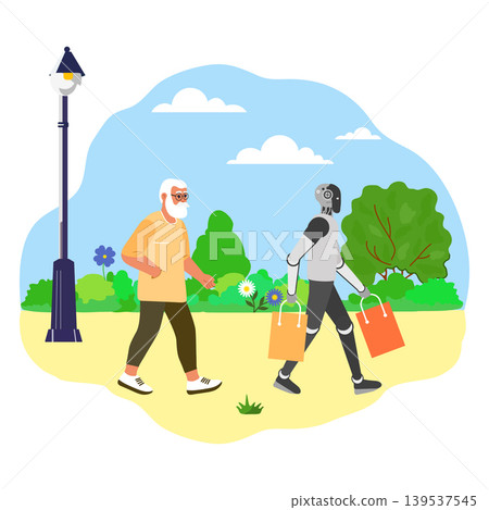 Elderly man and humanoid robot walking in park carrying shopping bags, representing future coexistence Elderly man and humanoid robot walking in park carrying shopping bags, representing future coexistence 139537545