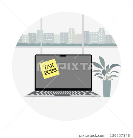 Tax preparation concept illustration with laptop, sticky note, cityscape, and plant. Tax preparation concept illustration with laptop, sticky note, cityscape, and plant. 139537546