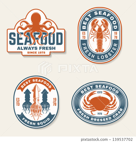 Seafood sticker collection featuring octopus lobster squid and crab in vintage engraved style. Nautical marine badges and retro food labels for ocean themed branding and design Seafood sticker collection featuring octopus lobster squid and crab in vintage engraved style. Nautical marine badges and retro food labels for ocean themed branding and design 139537702