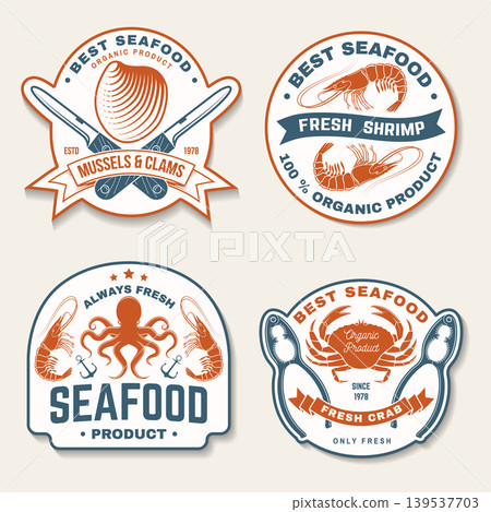Vintage seafood sticker set with shellfish badges including mussels clams shrimp and crab. Retro marine food labels in nautical style for packaging restaurant branding and print design 139537703