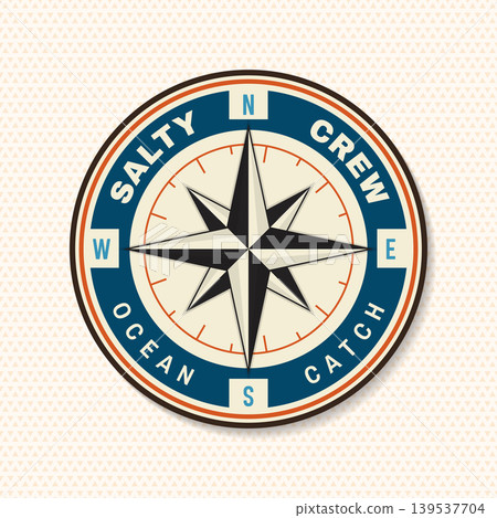 Vintage nautical compass badge vector emblem with ocean theme. Marine navigation logo in retro style for outdoor branding and adventure design. 139537704