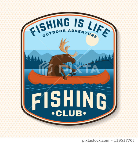 Vintage fishing badge with moose in canoe vector illustration. Outdoor adventure emblem in retro style for camping lifestyle branding and print design Vintage fishing badge with moose in canoe vector illustration. Outdoor adventure emblem in retro style for camping lifestyle branding and print design 139537705