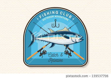 Vintage fishing club badge with tuna fish and rods vector logo. Nautical marine emblem in retro style for outdoor adventure branding and print design Vintage fishing club badge with tuna fish and rods vector logo. Nautical marine emblem in retro style for outdoor adventure branding and print design 139537706