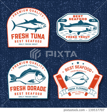 Seafood fish sticker set vintage marine badges tuna trout dorado flounder retro ocean food labels nautical design collection Seafood fish sticker set vintage marine badges tuna trout dorado flounder retro ocean food labels nautical design collection 139537707