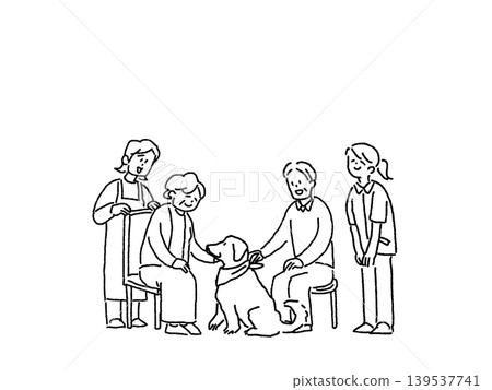 Therapy dogs, the elderly, nurses, nursing assistants, caregivers, line drawings. Therapy dogs, the elderly, nurses, nursing assistants, caregivers, line drawings. 139537741