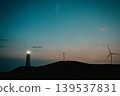 A lighthouse and wind turbines at dusk 139537831