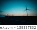 A lighthouse and wind turbines at dusk 139537832