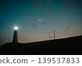 A lighthouse and wind turbines at dusk 139537833