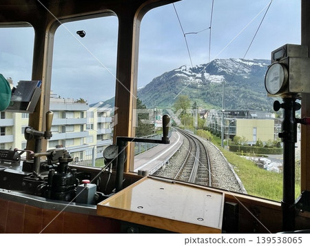 [Switzerland] Alpine scenery viewed from inside the Rigi Railway train. 139538065