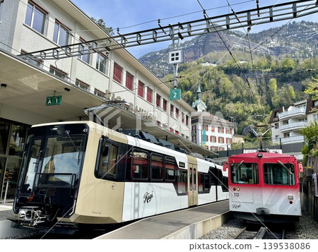 [Switzerland] Mountain trains passing each other on the platform of Rigi Railway Station 139538086