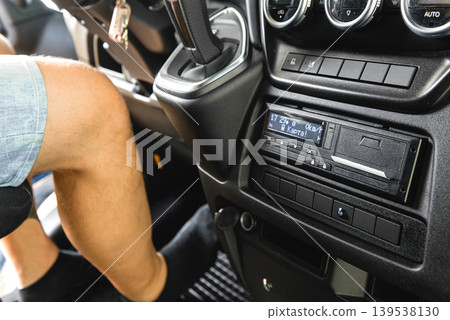 Truck cabin interior with digital tachograph unit Truck cabin interior with digital tachograph unit 139538130