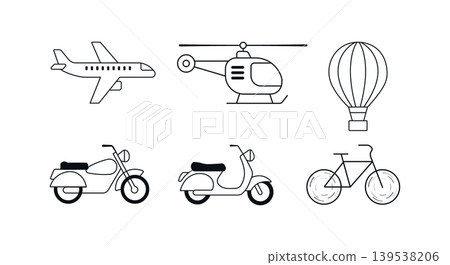 Collection of air land water transport icons with hot air balloon, line art 139538206