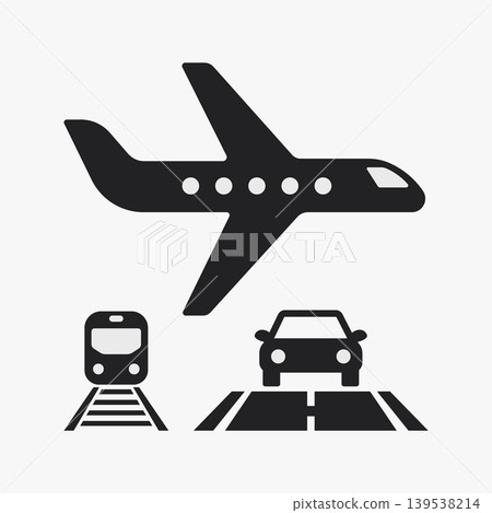 Airplane train car transportation icons with air travel, road transport Airplane train car transportation icons with air travel, road transport 139538214