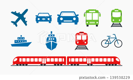 Variety of transportation icons including airplanes buses cars trains bicycles 139538229