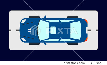 Top view illustration of a blue car parked on a road with moving company Top view illustration of a blue car parked on a road with moving company 139538230
