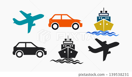 Set of colorful transportation icons including airplanes cars ships Set of colorful transportation icons including airplanes cars ships 139538231