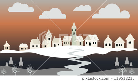 Winter village panorama with snow-covered hills and flowing river, landscape Winter village panorama with snow-covered hills and flowing river, landscape 139538233