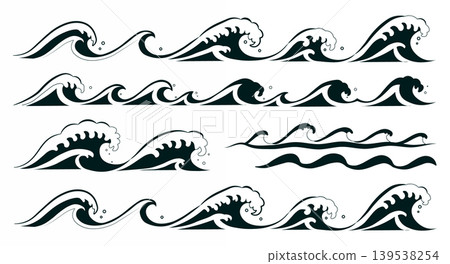 Collection of black and white stylized wave illustrations with crashing Collection of black and white stylized wave illustrations with crashing 139538254