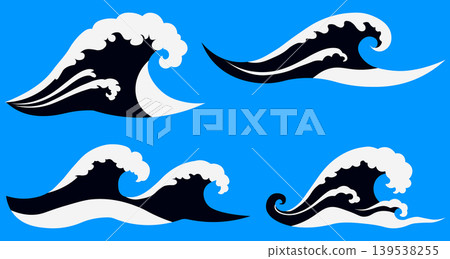 Four stylized black and white wave illustrations on blue background Four stylized black and white wave illustrations on blue background 139538255