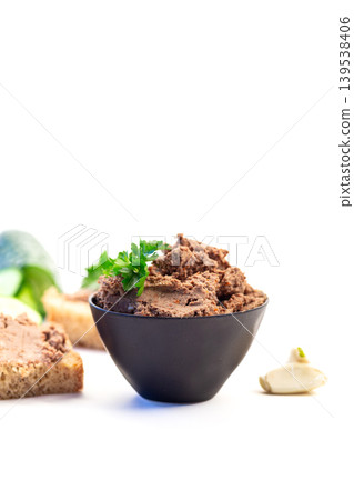 homemade liver pate served with bread and cucumber homemade liver pate served with bread and cucumber 139538406