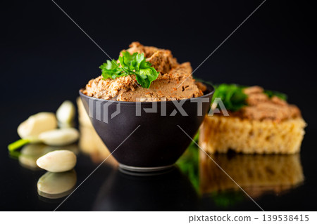Homemade chicken liver pate with bread and cucumber Homemade chicken liver pate with bread and cucumber 139538415