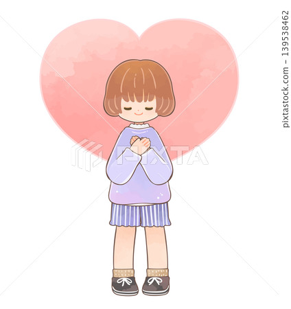 A girl with a gentle expression, her hand on her chest, and a heart. A girl with a gentle expression, her hand on her chest, and a heart. 139538462
