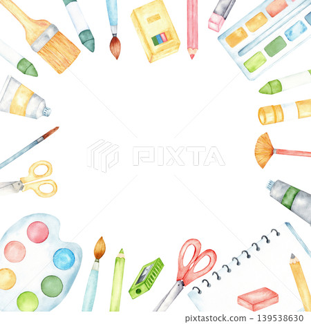 Square watercolor border of kids art supplies frame with brushes scissors pencils palette and paints for children's craft party invitation background and poster design. Back to school. Copy space Square watercolor border of kids art supplies frame with brushes scissors pencils palette and paints for children's craft party invitation background and poster design. Back to school. Copy space 139538630