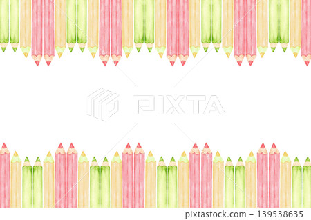 Horizontal pencil border banner with pink and green watercolor pencils for school header poster background and stationery design. Education concept. Isolated. Hand drawn. Back to school. Copy space 139538635