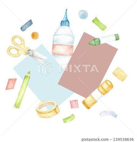 Watercolor cut and craft supplies arrangement with scissors glue paper tape and pencils for diy background poster and banner design. Isolated. Hand drawn. Back to school. Copy space. Education concept Watercolor cut and craft supplies arrangement with scissors glue paper tape and pencils for diy background poster and banner design. Isolated. Hand drawn. Back to school. Copy space. Education concept 139538636