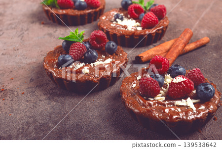 chocolate tartlets, stuffed with cottage cheese and berries, breakfast, homemade, no people, chocolate tartlets, stuffed with cottage cheese and berries, breakfast, homemade, no people, 139538642