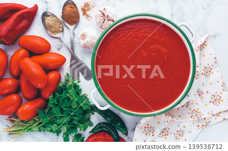 Georgian Satsebeli sauce, made from tomatoes and sweet peppers, with spices, homemade, no people, 139538712