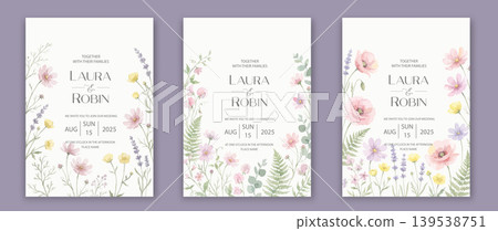 Wedding card template with wild herbs and flowers. 139538751