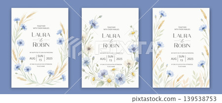 Wedding card template with wild herbs and flowers cornflowers and daisies. Wedding card template with wild herbs and flowers cornflowers and daisies. 139538753