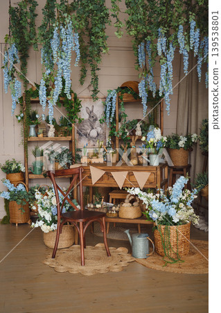 Provence style living room design with hanging flowers and wooden furniture Provence style living room design with hanging flowers and wooden furniture 139538801