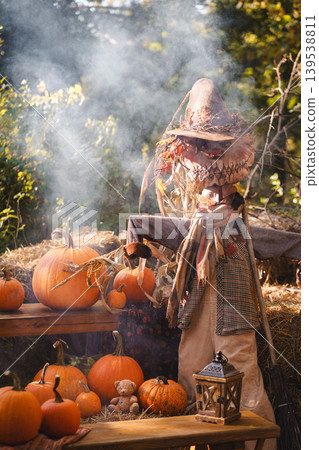 Rustic Autumn Pumpkin Scene with Scarecrow 139538811